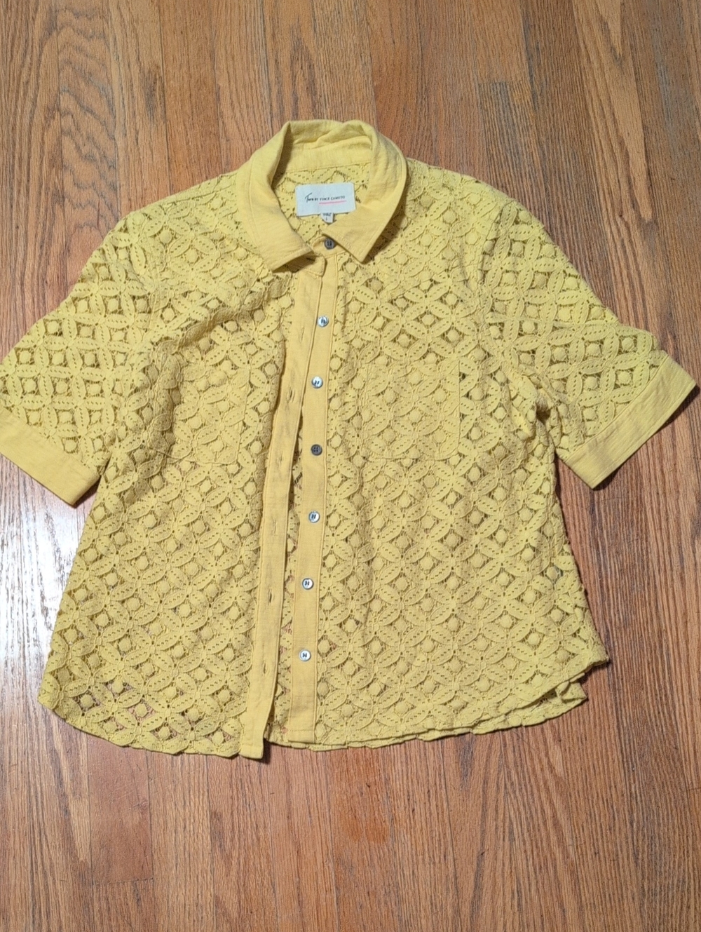 Vince Camuto Yellow Crochet Short-Sleeve Button Down Shirt